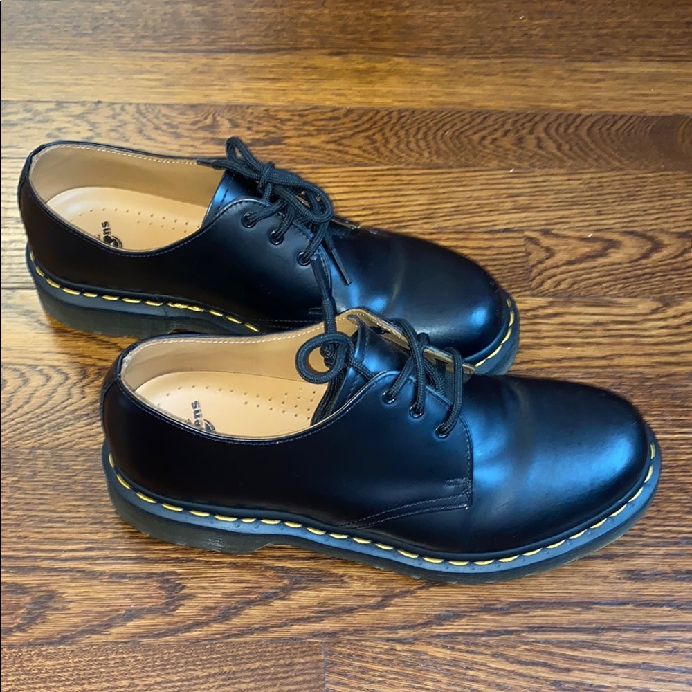 Dr. Martens Black Leather Oxfords with Yellow Stitching